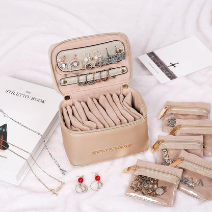 Jewelry Organizer Case Bridesmaid Gifts Travel Bag Vegan Leather Box for Necklace Earring Bracelet Ring(champagne)