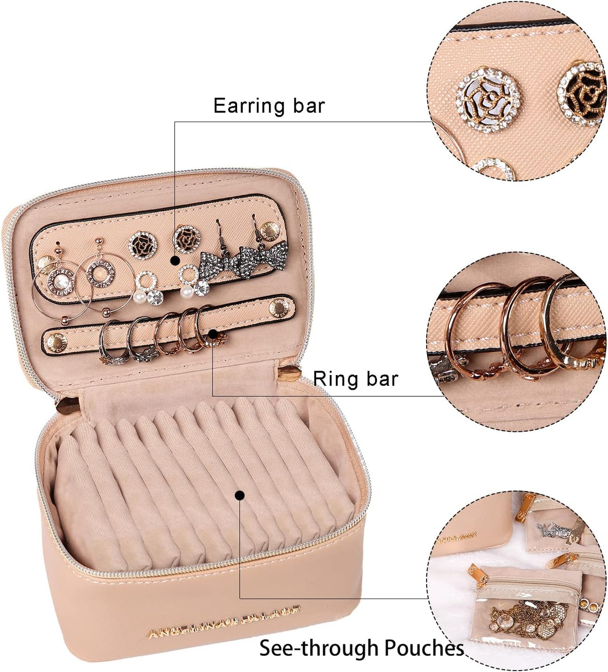 Jewelry Organizer Case Bridesmaid Gifts Travel Bag Vegan Leather Box for Necklace Earring Bracelet Ring(champagne)