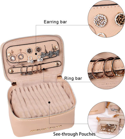 Jewelry Organizer Case Bridesmaid Gifts Travel Bag Vegan Leather Box for Necklace Earring Bracelet Ring(champagne)
