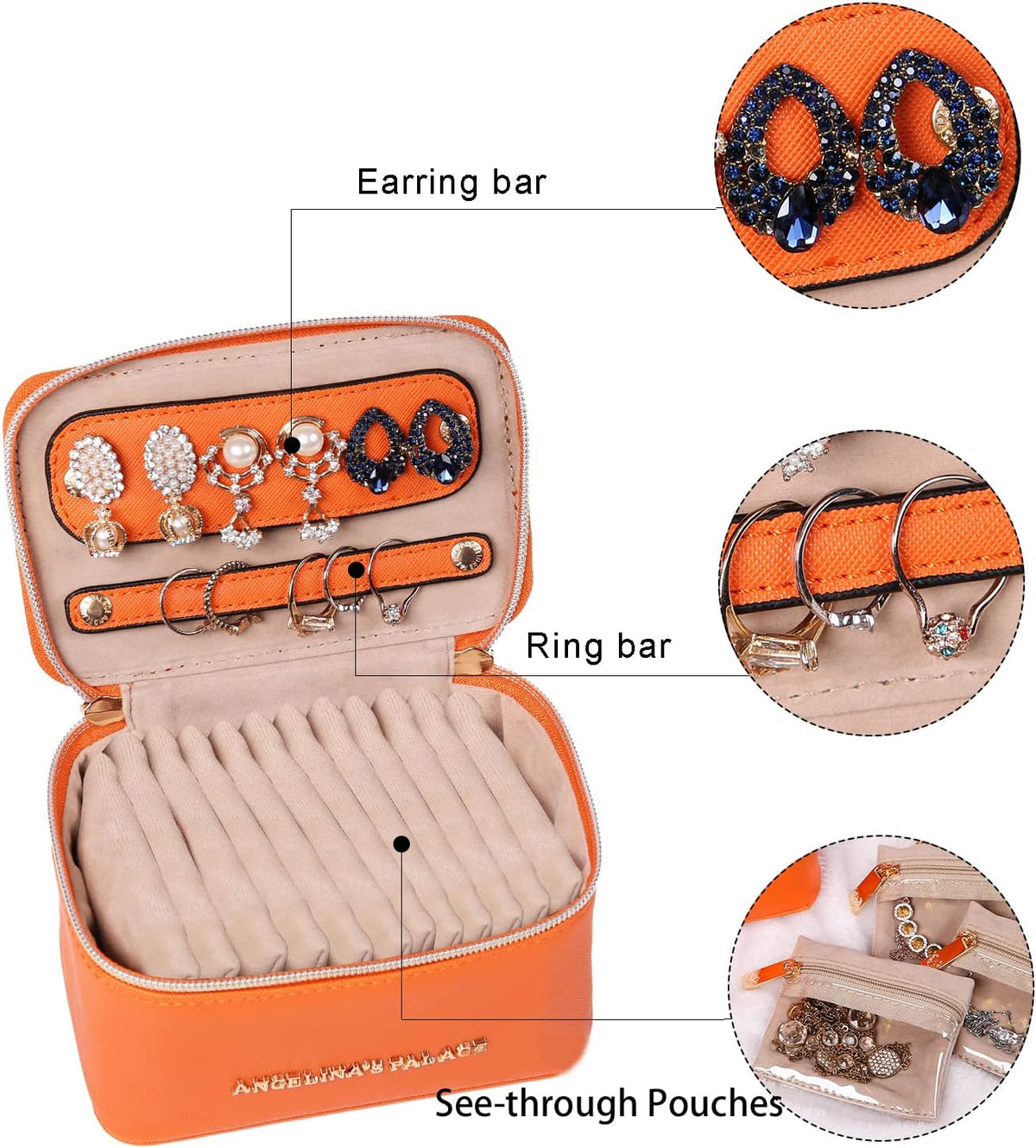 Jewelry Organizer Case Bridesmaid Gifts Travel Bag Vegan Leather Box for Necklace Earring Bracelet Ring(champagne)