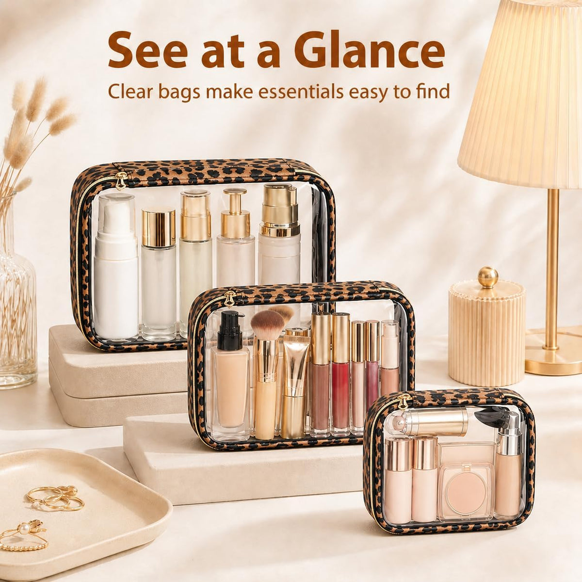 Clear Makeup Bags with Zipper, TSA Approved Travel Toiletry Bag,Clear Cosmetic Bag, Waterproof Make Up Bag for Women
