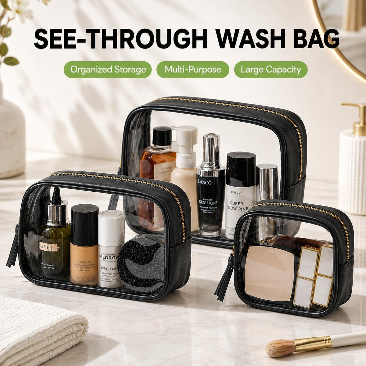Clear Makeup Bags with Zipper, TSA Approved Travel Toiletry Bag,Clear Cosmetic Bag, Waterproof Make Up Bag for Women
