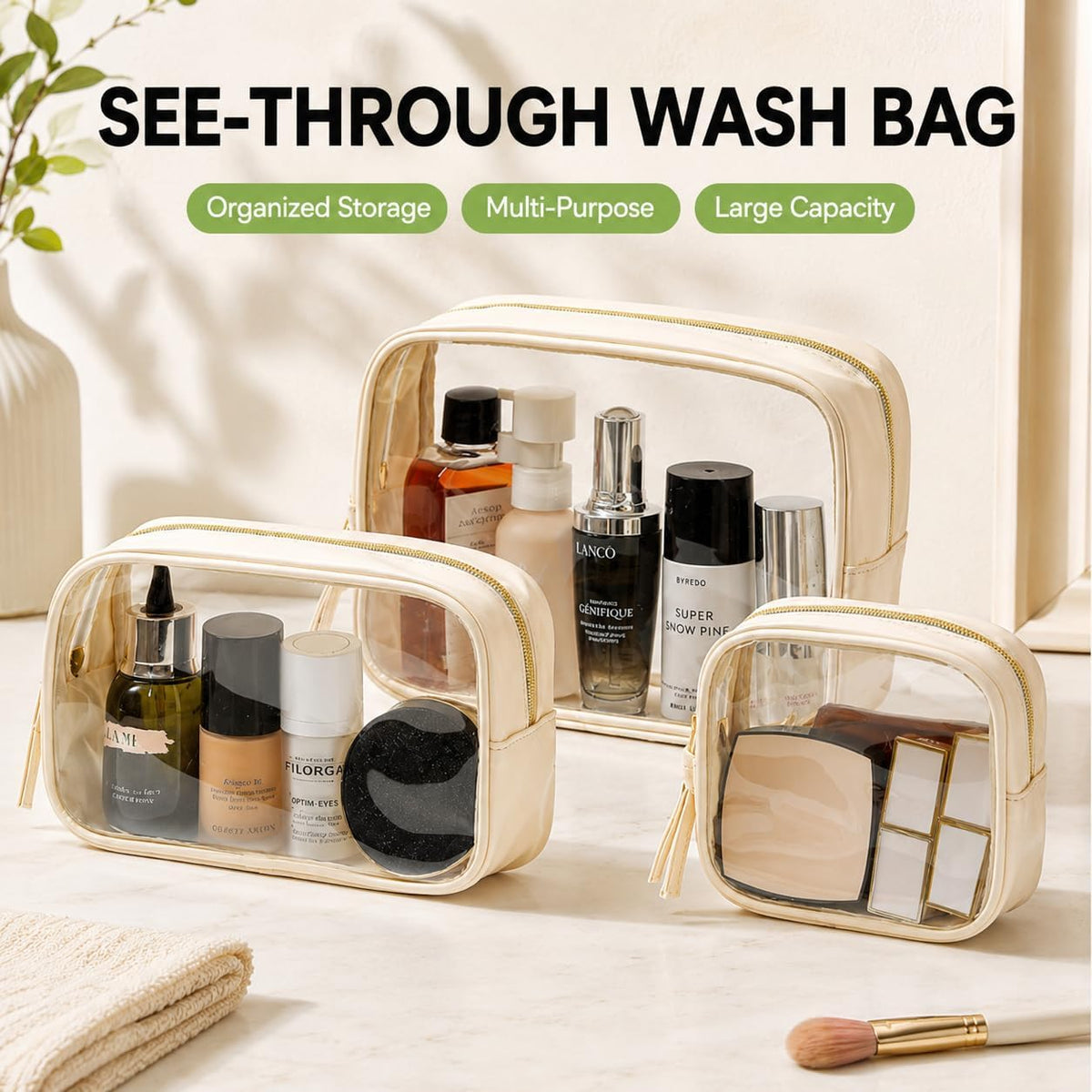 Clear Makeup Bags with Zipper, TSA Approved Travel Toiletry Bag,Clear Cosmetic Bag, Waterproof Make Up Bag for Women
