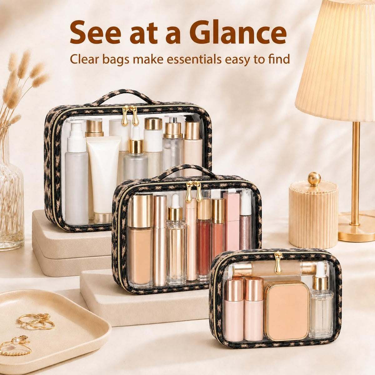 Clear Makeup Bags with Zipper, TSA Approved Travel Toiletry Bag,Clear Cosmetic Bag, Waterproof Make Up Bag for Women