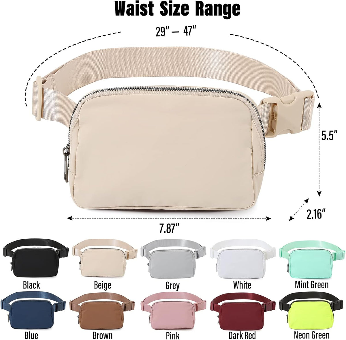Belt Bag Fanny Pack Crossbody Bags for Women Men, Everywhere, Water Resistant Waist Packs, Beige