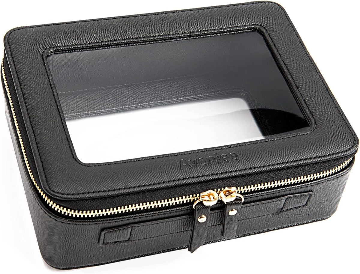 XL Clear Makeup Organizer,Double Layer Travel Cosmetic Case with Brush Holder & Zippered Compartments,Big Toiletry Bag for Travel Accessories,2 Layers Large,Black