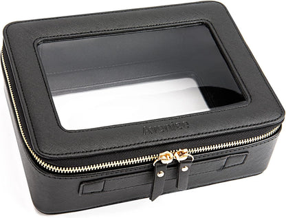 XL Clear Makeup Organizer,Double Layer Travel Cosmetic Case with Brush Holder & Zippered Compartments,Big Toiletry Bag for Travel Accessories,2 Layers Large,Black