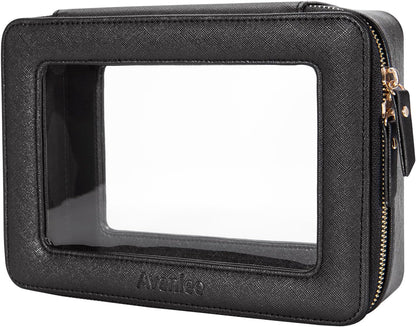XL Clear Makeup Organizer,Double Layer Travel Cosmetic Case with Brush Holder & Zippered Compartments,Big Toiletry Bag for Travel Accessories,2 Layers Large,Black