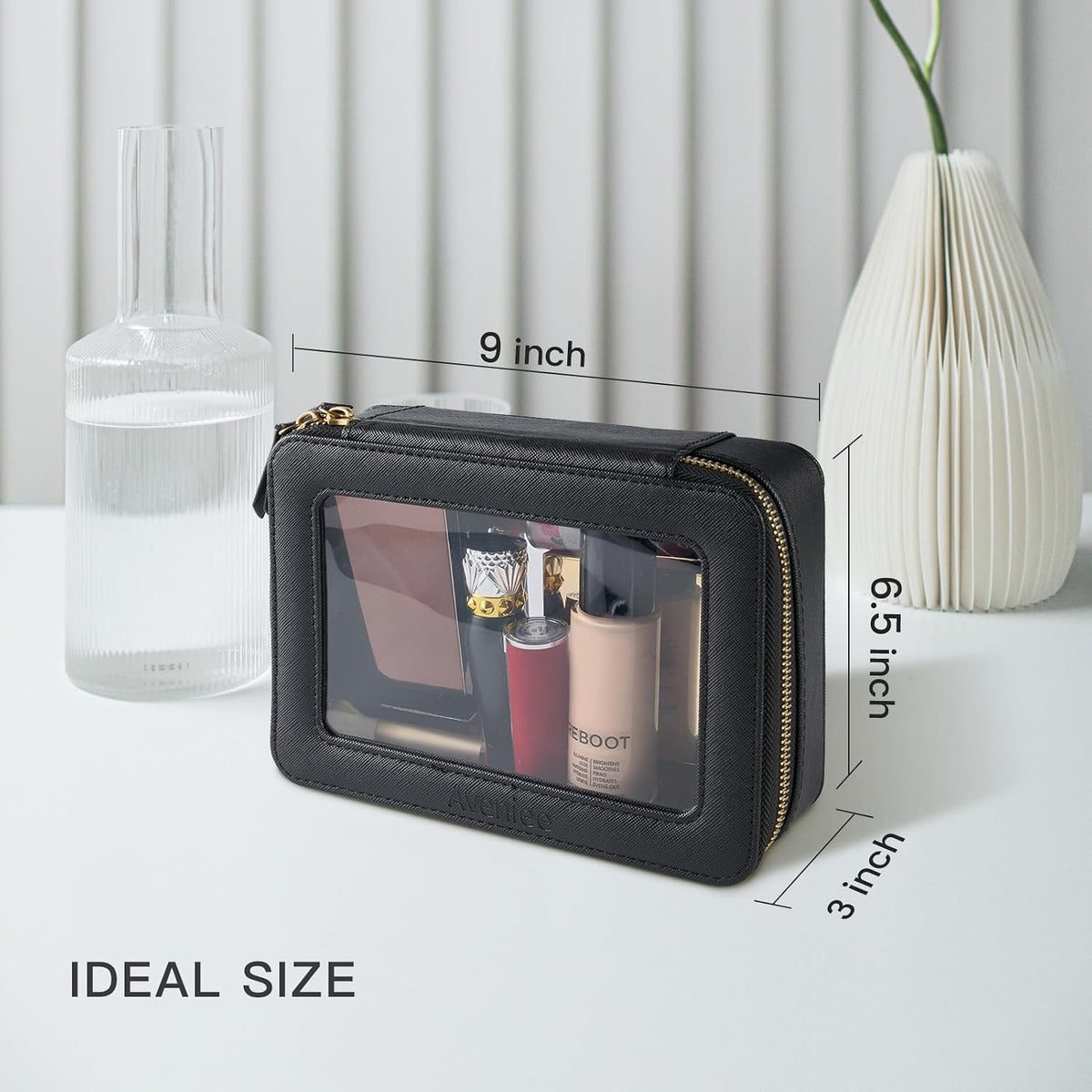 XL Clear Makeup Organizer,Double Layer Travel Cosmetic Case with Brush Holder & Zippered Compartments,Big Toiletry Bag for Travel Accessories,2 Layers Large,Black