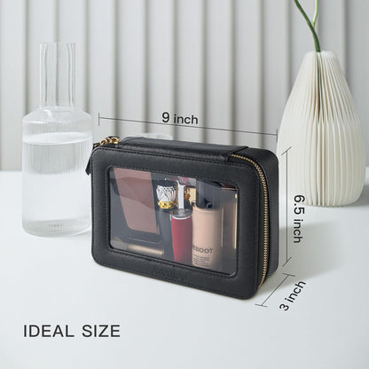 XL Clear Makeup Organizer,Double Layer Travel Cosmetic Case with Brush Holder & Zippered Compartments,Big Toiletry Bag for Travel Accessories,2 Layers Large,Black