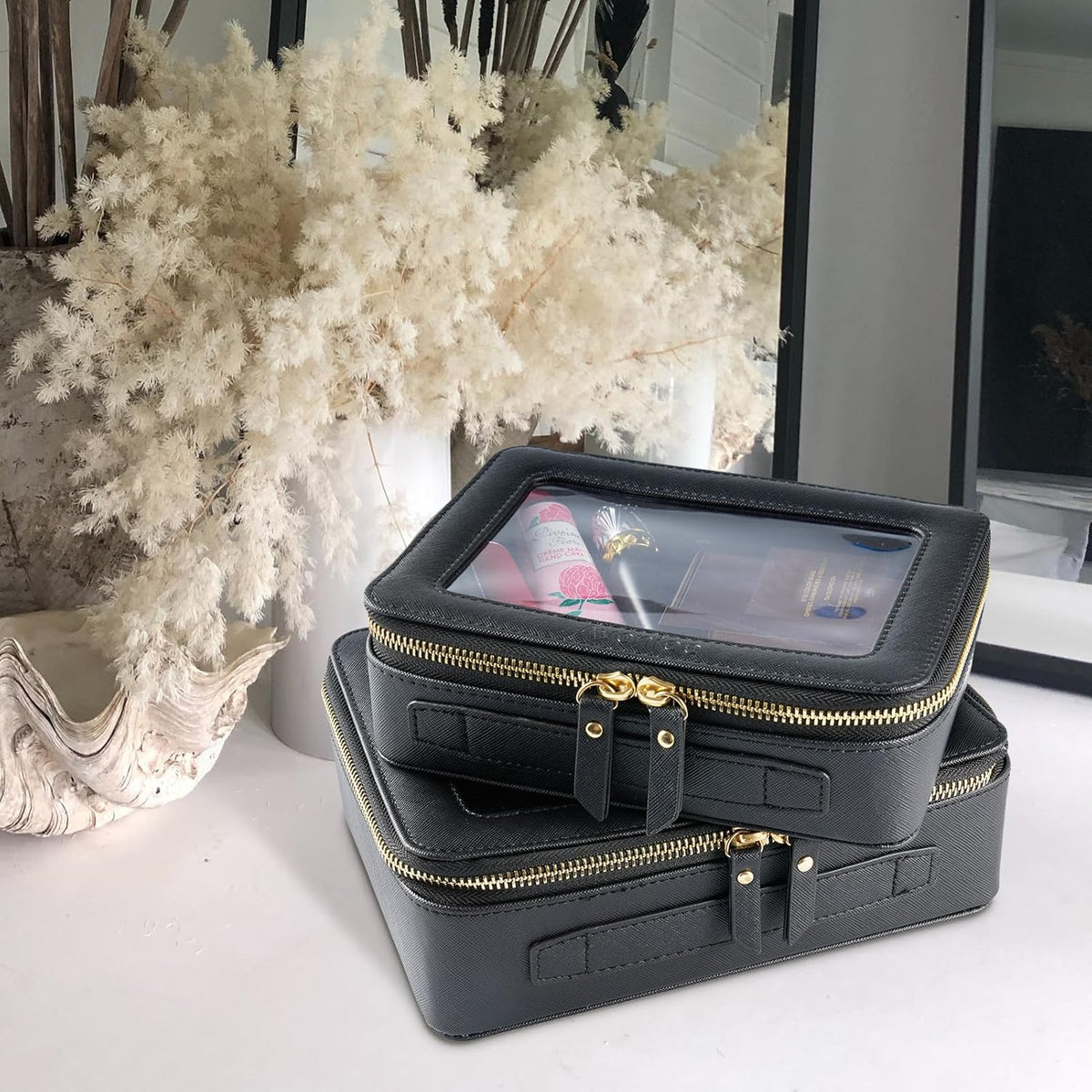 XL Clear Makeup Organizer,Double Layer Travel Cosmetic Case with Brush Holder & Zippered Compartments,Big Toiletry Bag for Travel Accessories,2 Layers Large,Black