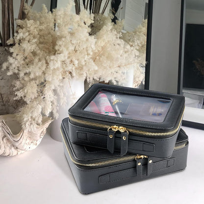 XL Clear Makeup Organizer,Double Layer Travel Cosmetic Case with Brush Holder & Zippered Compartments,Big Toiletry Bag for Travel Accessories,2 Layers Large,Black