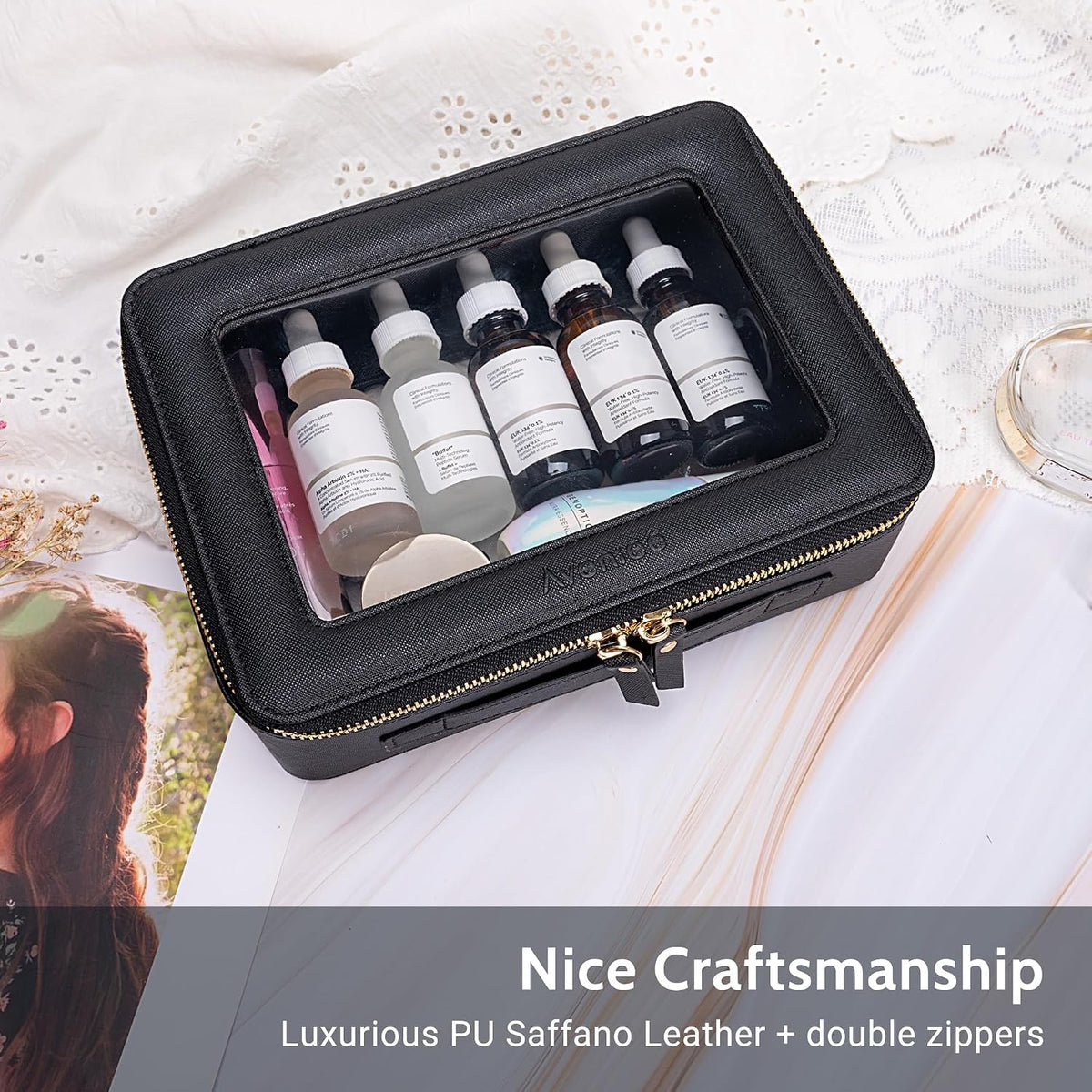 XL Clear Makeup Organizer,Double Layer Travel Cosmetic Case with Brush Holder & Zippered Compartments,Big Toiletry Bag for Travel Accessories,2 Layers Large,Black