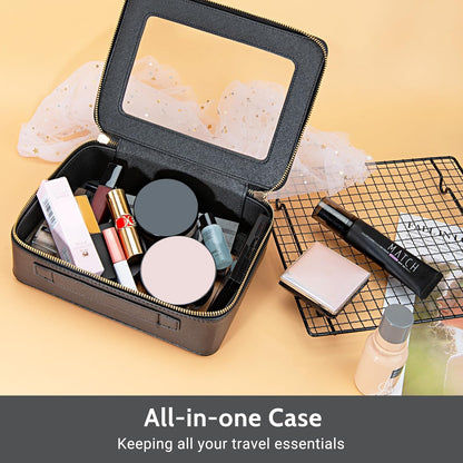 XL Clear Makeup Organizer,Double Layer Travel Cosmetic Case with Brush Holder & Zippered Compartments,Big Toiletry Bag for Travel Accessories,2 Layers Large,Black