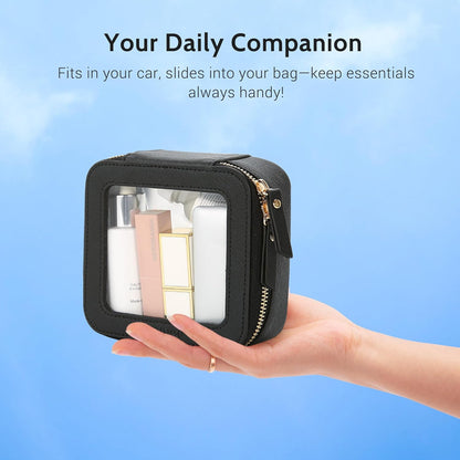 XL Clear Makeup Organizer,Double Layer Travel Cosmetic Case with Brush Holder & Zippered Compartments,Big Toiletry Bag for Travel Accessories,2 Layers Large,Black