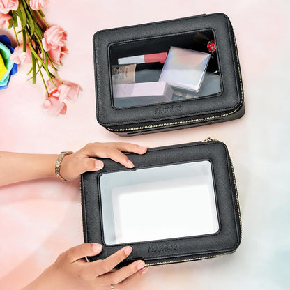 XL Clear Makeup Organizer,Double Layer Travel Cosmetic Case with Brush Holder & Zippered Compartments,Big Toiletry Bag for Travel Accessories,2 Layers Large,Black