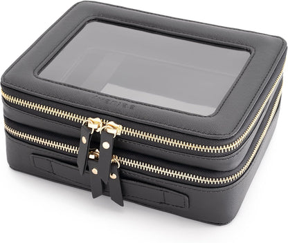 XL Clear Makeup Organizer,Double Layer Travel Cosmetic Case with Brush Holder & Zippered Compartments,Big Toiletry Bag for Travel Accessories,2 Layers Large,Black