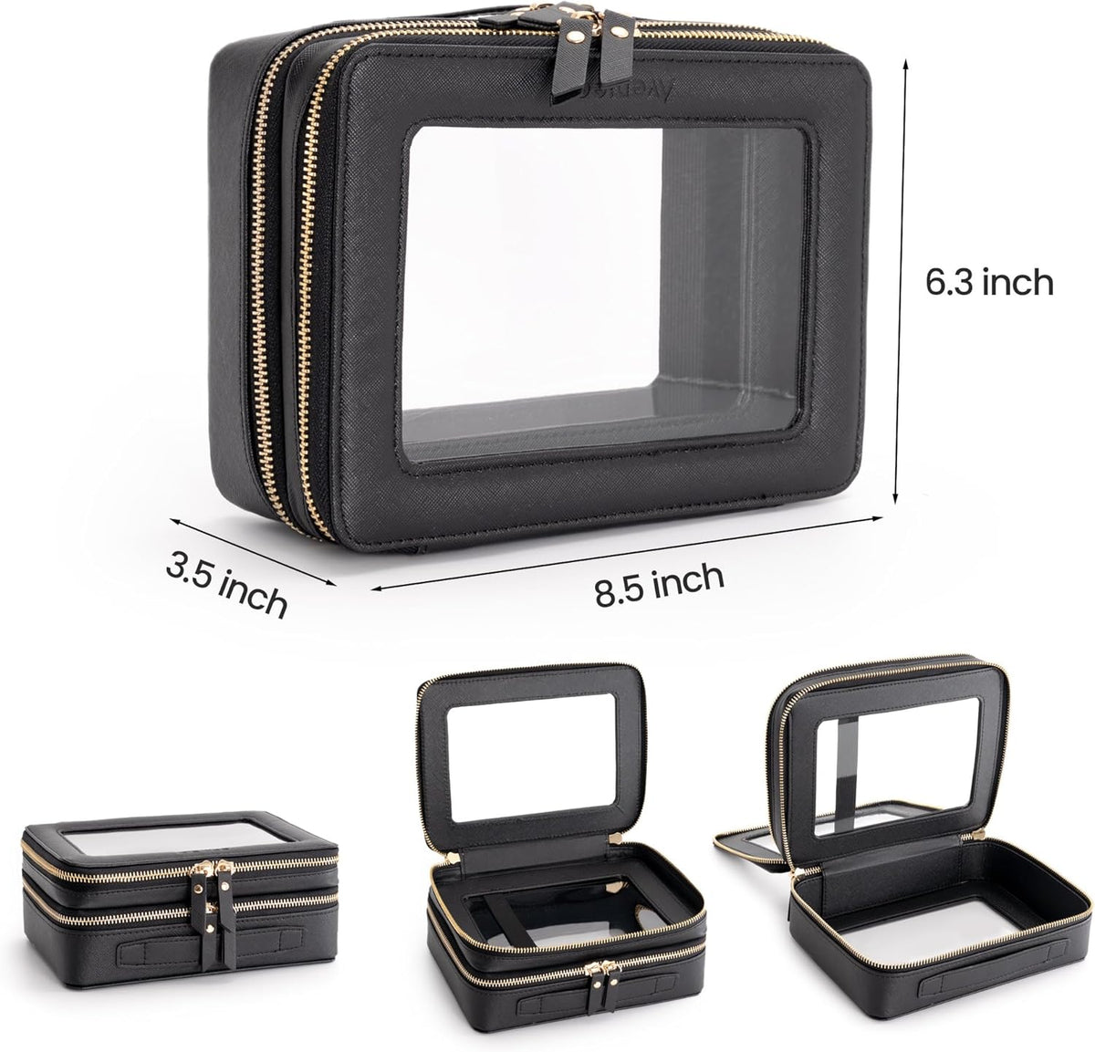 XL Clear Makeup Organizer,Double Layer Travel Cosmetic Case with Brush Holder & Zippered Compartments,Big Toiletry Bag for Travel Accessories,2 Layers Large,Black
