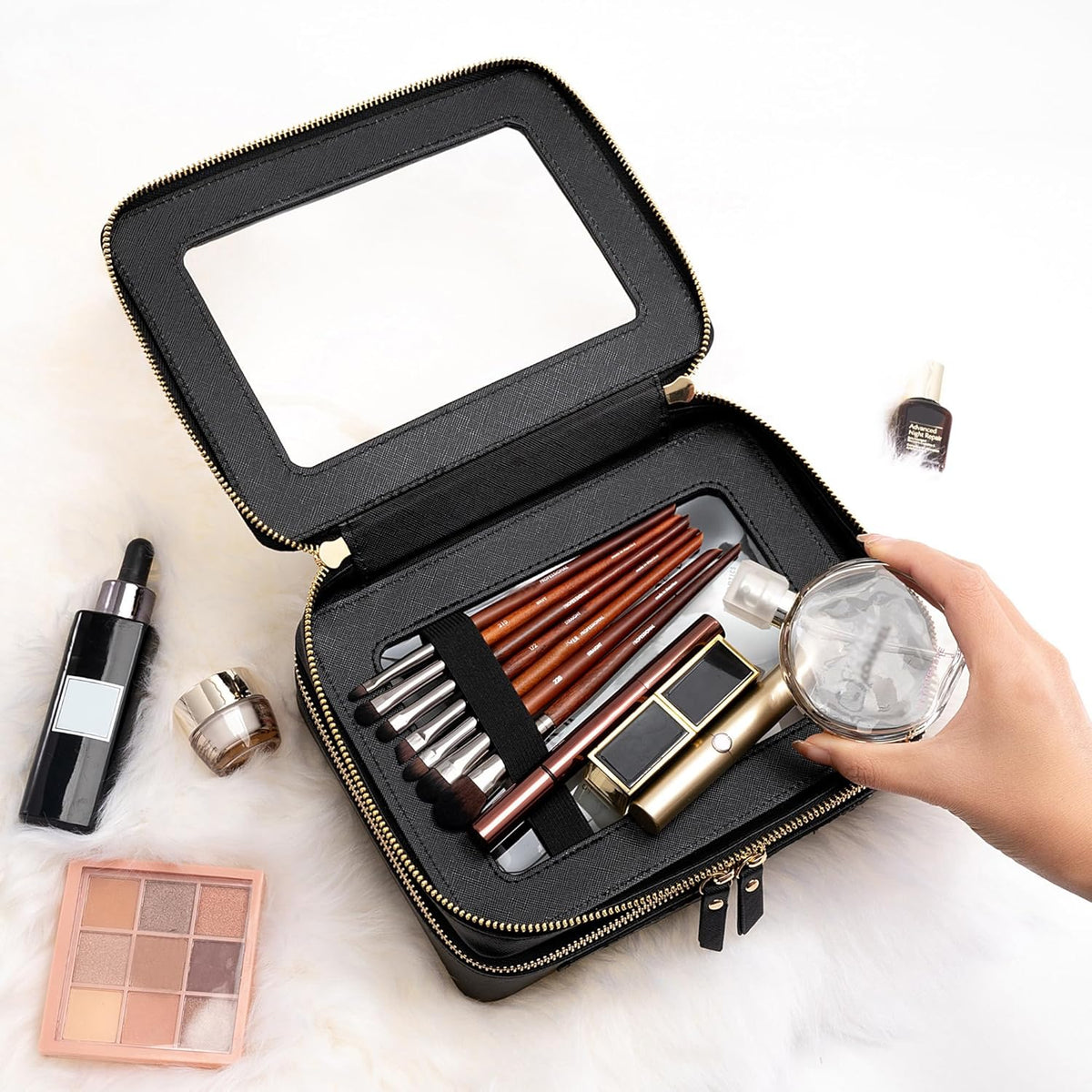 XL Clear Makeup Organizer,Double Layer Travel Cosmetic Case with Brush Holder & Zippered Compartments,Big Toiletry Bag for Travel Accessories,2 Layers Large,Black