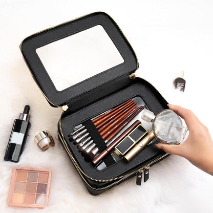 XL Clear Makeup Organizer,Double Layer Travel Cosmetic Case with Brush Holder & Zippered Compartments,Big Toiletry Bag for Travel Accessories,2 Layers Large,Black