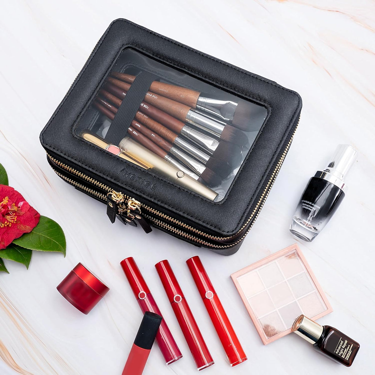 XL Clear Makeup Organizer,Double Layer Travel Cosmetic Case with Brush Holder & Zippered Compartments,Big Toiletry Bag for Travel Accessories,2 Layers Large,Black