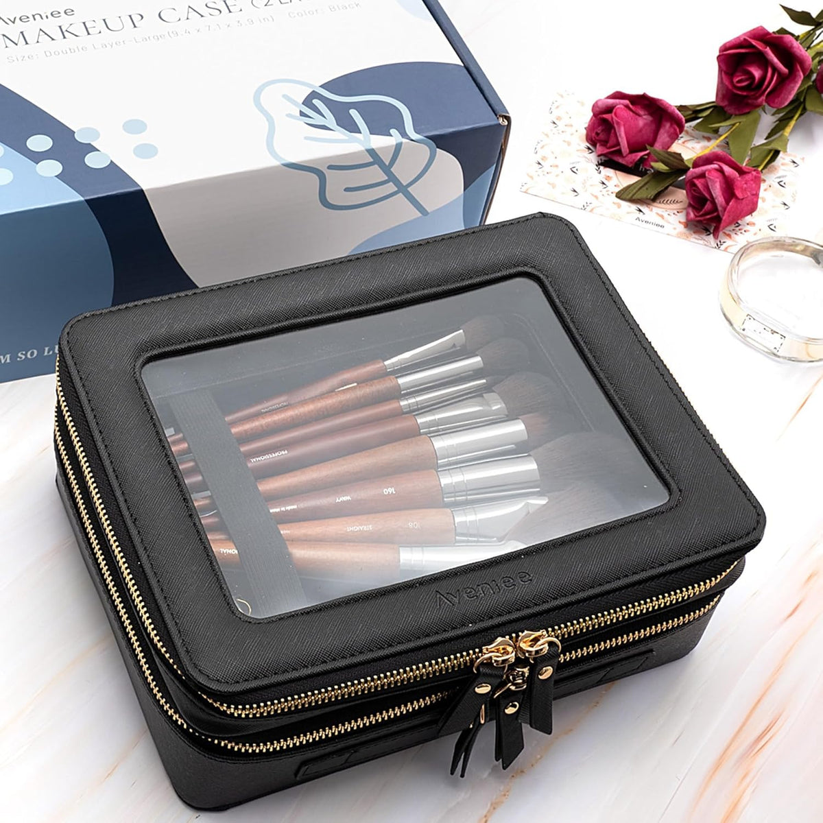XL Clear Makeup Organizer,Double Layer Travel Cosmetic Case with Brush Holder & Zippered Compartments,Big Toiletry Bag for Travel Accessories,2 Layers Large,Black