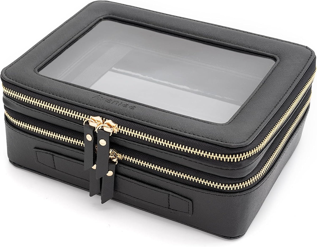 XL Clear Makeup Organizer,Double Layer Travel Cosmetic Case with Brush Holder & Zippered Compartments,Big Toiletry Bag for Travel Accessories,2 Layers Large,Black
