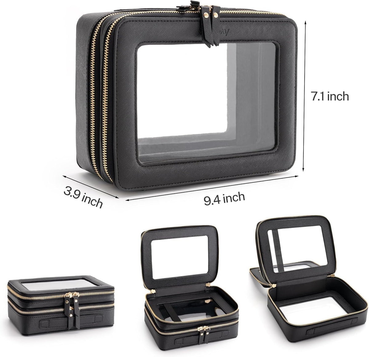 XL Clear Makeup Organizer,Double Layer Travel Cosmetic Case with Brush Holder & Zippered Compartments,Big Toiletry Bag for Travel Accessories,2 Layers Large,Black