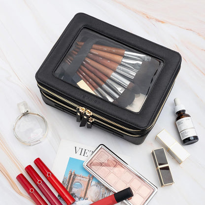 XL Clear Makeup Organizer,Double Layer Travel Cosmetic Case with Brush Holder & Zippered Compartments,Big Toiletry Bag for Travel Accessories,2 Layers Large,Black