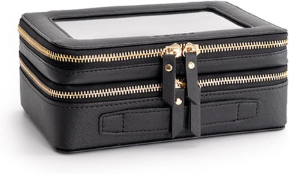 XL Clear Makeup Organizer,Double Layer Travel Cosmetic Case with Brush Holder & Zippered Compartments,Big Toiletry Bag for Travel Accessories,2 Layers Large,Black