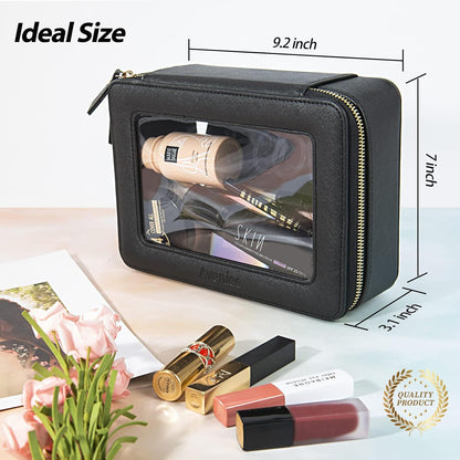 XL Clear Makeup Organizer,Double Layer Travel Cosmetic Case with Brush Holder & Zippered Compartments,Big Toiletry Bag for Travel Accessories,2 Layers Large,Black