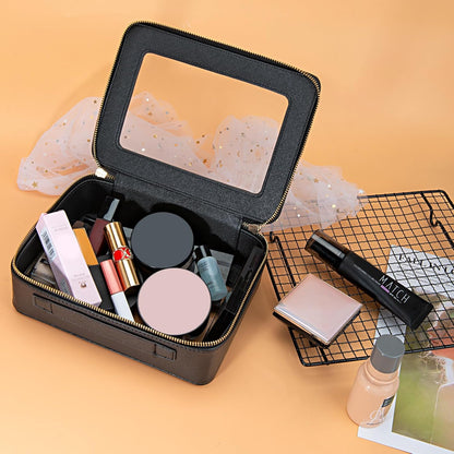 XL Clear Makeup Organizer,Double Layer Travel Cosmetic Case with Brush Holder & Zippered Compartments,Big Toiletry Bag for Travel Accessories,2 Layers Large,Black