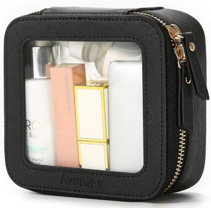 XL Clear Makeup Organizer,Double Layer Travel Cosmetic Case with Brush Holder & Zippered Compartments,Big Toiletry Bag for Travel Accessories,2 Layers Large,Black