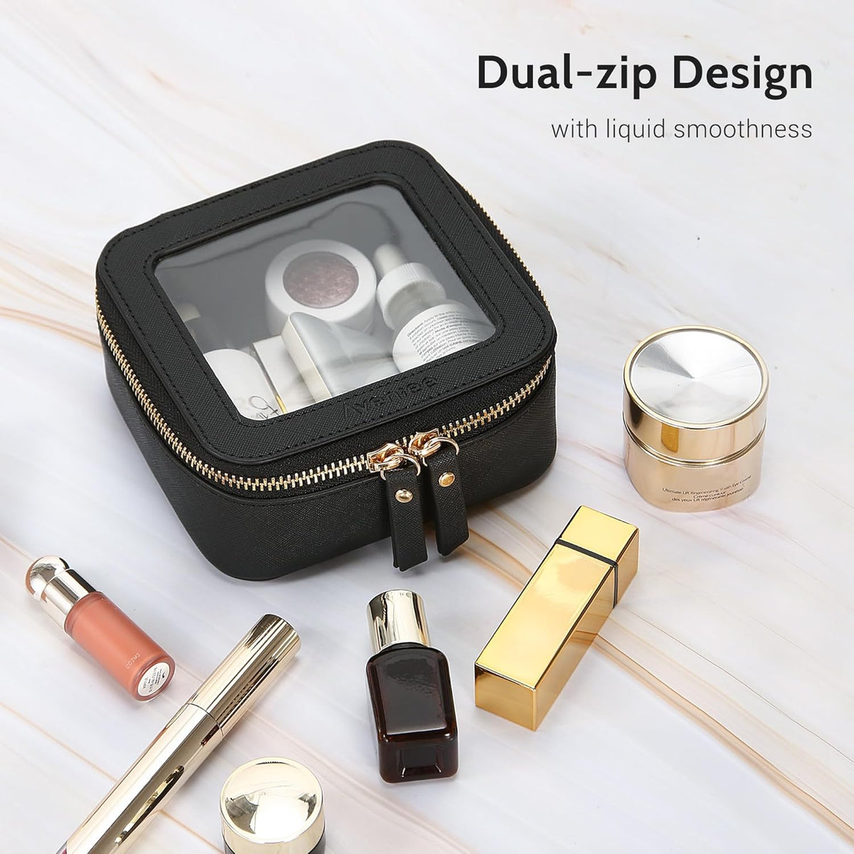 XL Clear Makeup Organizer,Double Layer Travel Cosmetic Case with Brush Holder & Zippered Compartments,Big Toiletry Bag for Travel Accessories,2 Layers Large,Black