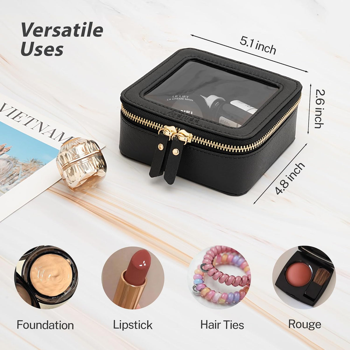 XL Clear Makeup Organizer,Double Layer Travel Cosmetic Case with Brush Holder & Zippered Compartments,Big Toiletry Bag for Travel Accessories,2 Layers Large,Black