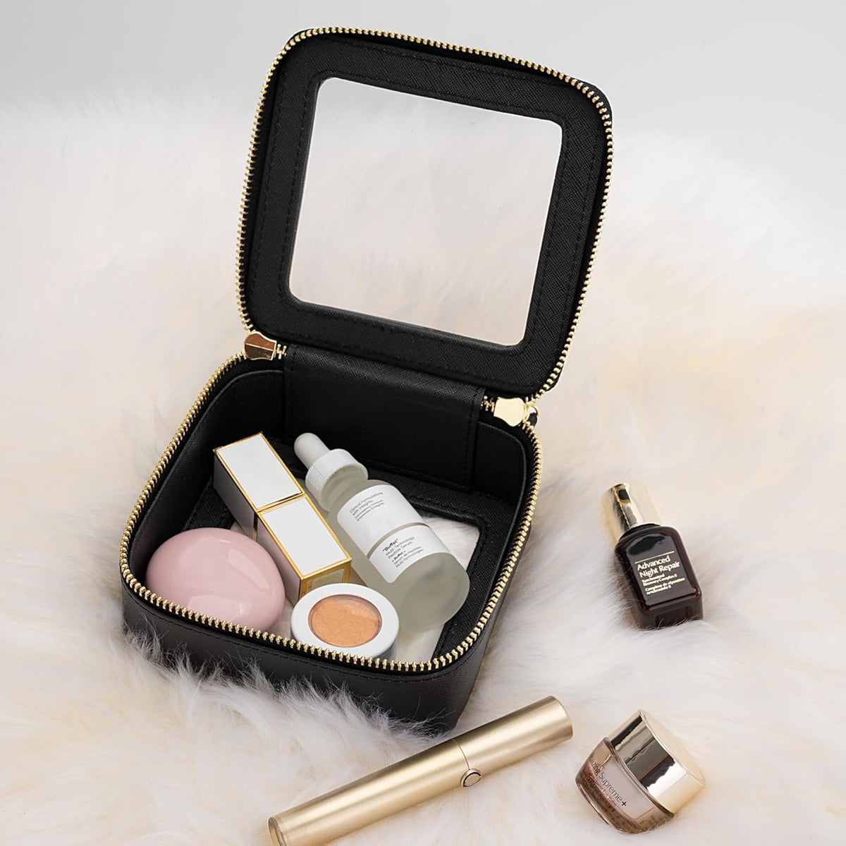XL Clear Makeup Organizer,Double Layer Travel Cosmetic Case with Brush Holder & Zippered Compartments,Big Toiletry Bag for Travel Accessories,2 Layers Large,Black