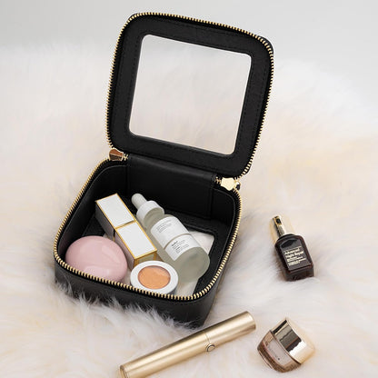 XL Clear Makeup Organizer,Double Layer Travel Cosmetic Case with Brush Holder & Zippered Compartments,Big Toiletry Bag for Travel Accessories,2 Layers Large,Black