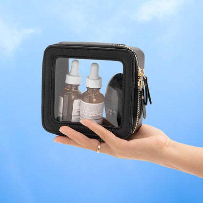 XL Clear Makeup Organizer,Double Layer Travel Cosmetic Case with Brush Holder & Zippered Compartments,Big Toiletry Bag for Travel Accessories,2 Layers Large,Black