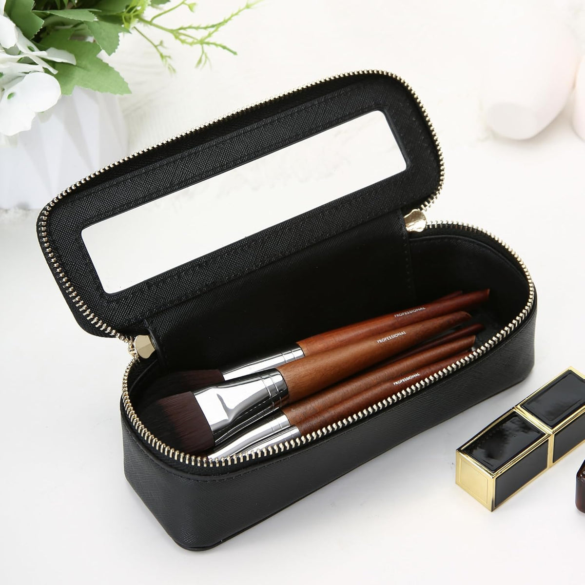 XL Clear Makeup Organizer,Double Layer Travel Cosmetic Case with Brush Holder & Zippered Compartments,Big Toiletry Bag for Travel Accessories,2 Layers Large,Black