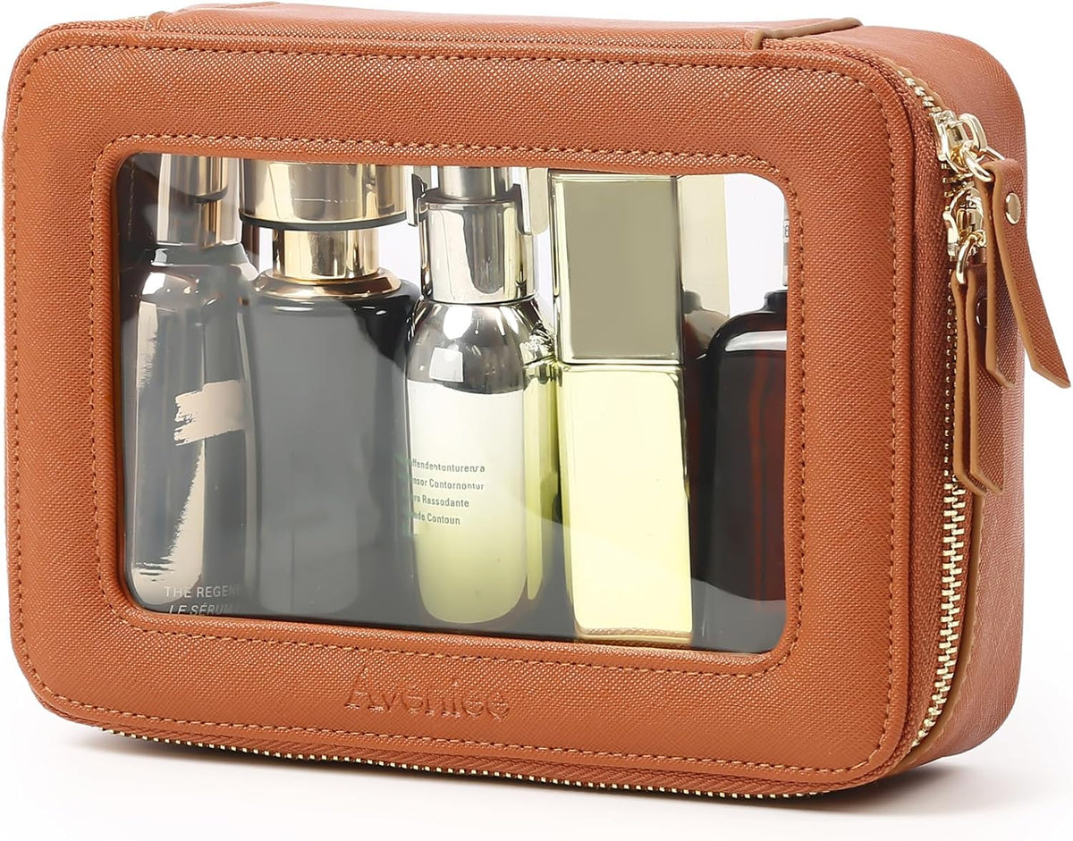 XL Clear Makeup Organizer,Double Layer Travel Cosmetic Case with Brush Holder & Zippered Compartments,Big Toiletry Bag for Travel Accessories,2 Layers Large,Black