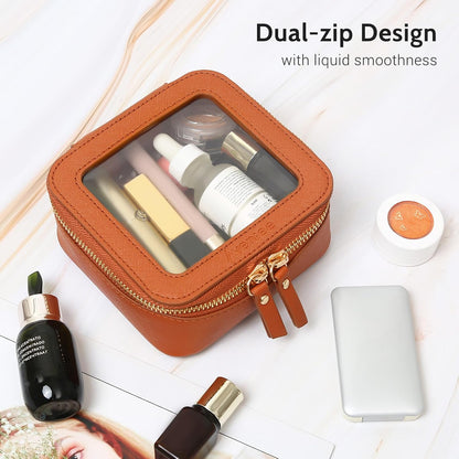 XL Clear Makeup Organizer,Double Layer Travel Cosmetic Case with Brush Holder & Zippered Compartments,Big Toiletry Bag for Travel Accessories,2 Layers Large,Black
