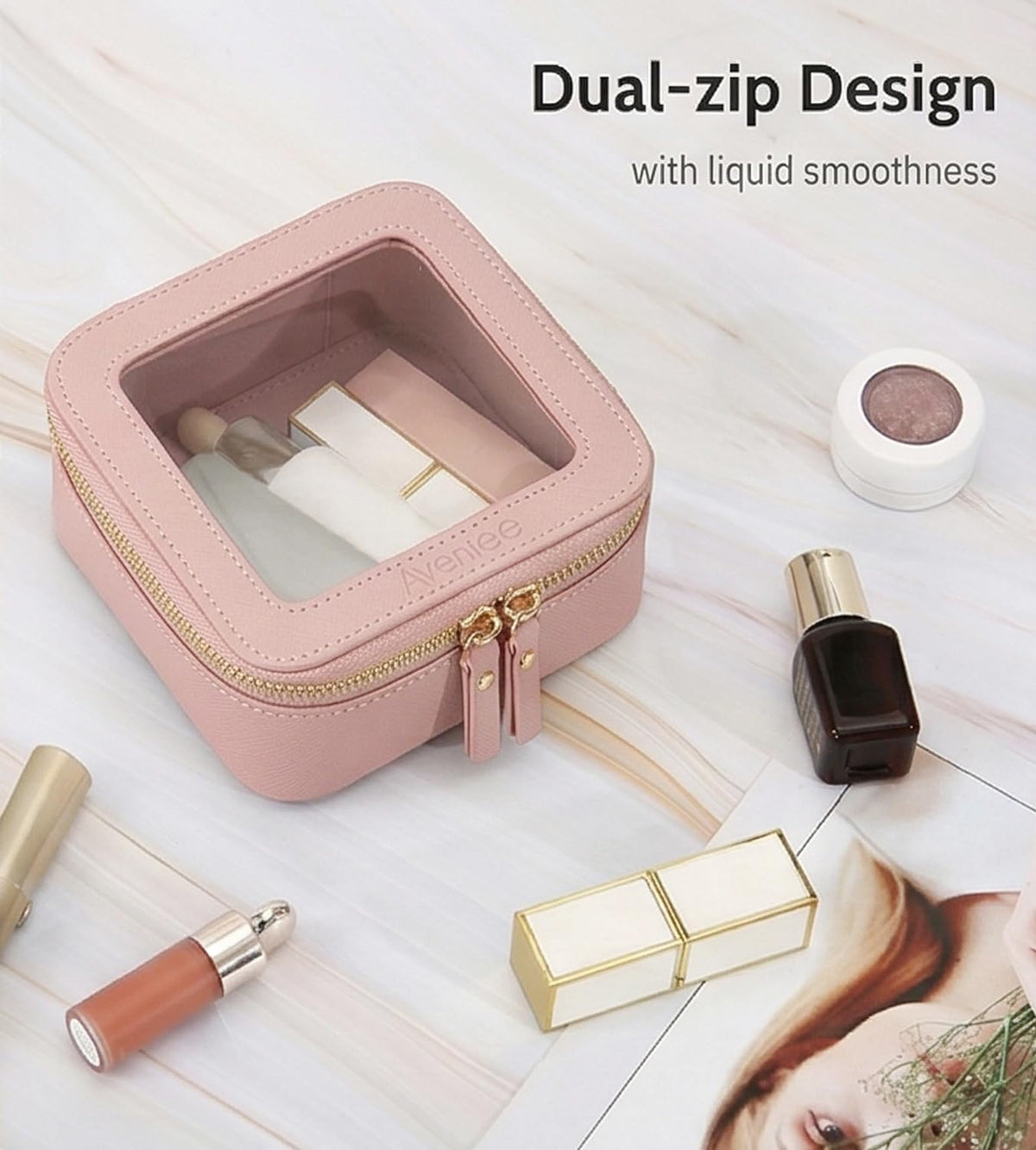 XL Clear Makeup Organizer,Double Layer Travel Cosmetic Case with Brush Holder & Zippered Compartments,Big Toiletry Bag for Travel Accessories,2 Layers Large,Black