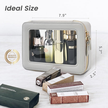 XL Clear Makeup Organizer,Double Layer Travel Cosmetic Case with Brush Holder & Zippered Compartments,Big Toiletry Bag for Travel Accessories,2 Layers Large,Black