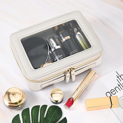 XL Clear Makeup Organizer,Double Layer Travel Cosmetic Case with Brush Holder & Zippered Compartments,Big Toiletry Bag for Travel Accessories,2 Layers Large,Black