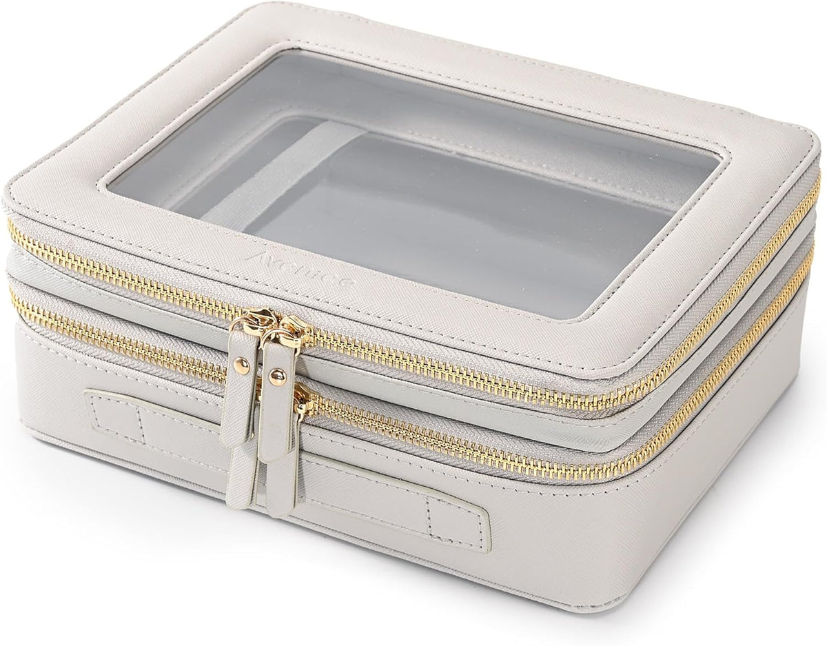 XL Clear Makeup Organizer,Double Layer Travel Cosmetic Case with Brush Holder & Zippered Compartments,Big Toiletry Bag for Travel Accessories,2 Layers Large,Black