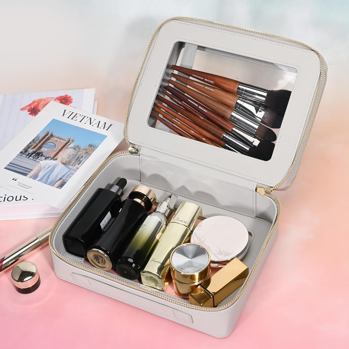 XL Clear Makeup Organizer,Double Layer Travel Cosmetic Case with Brush Holder & Zippered Compartments,Big Toiletry Bag for Travel Accessories,2 Layers Large,Black