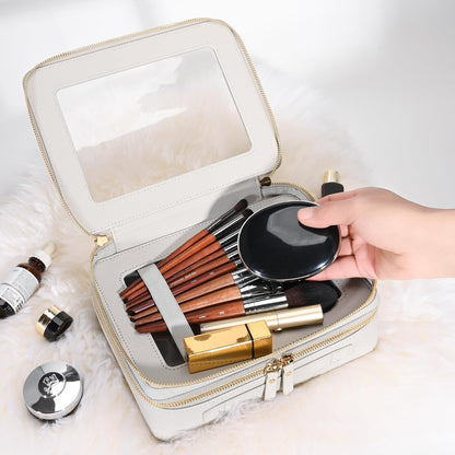 XL Clear Makeup Organizer,Double Layer Travel Cosmetic Case with Brush Holder & Zippered Compartments,Big Toiletry Bag for Travel Accessories,2 Layers Large,Black