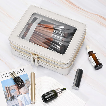 XL Clear Makeup Organizer,Double Layer Travel Cosmetic Case with Brush Holder & Zippered Compartments,Big Toiletry Bag for Travel Accessories,2 Layers Large,Black