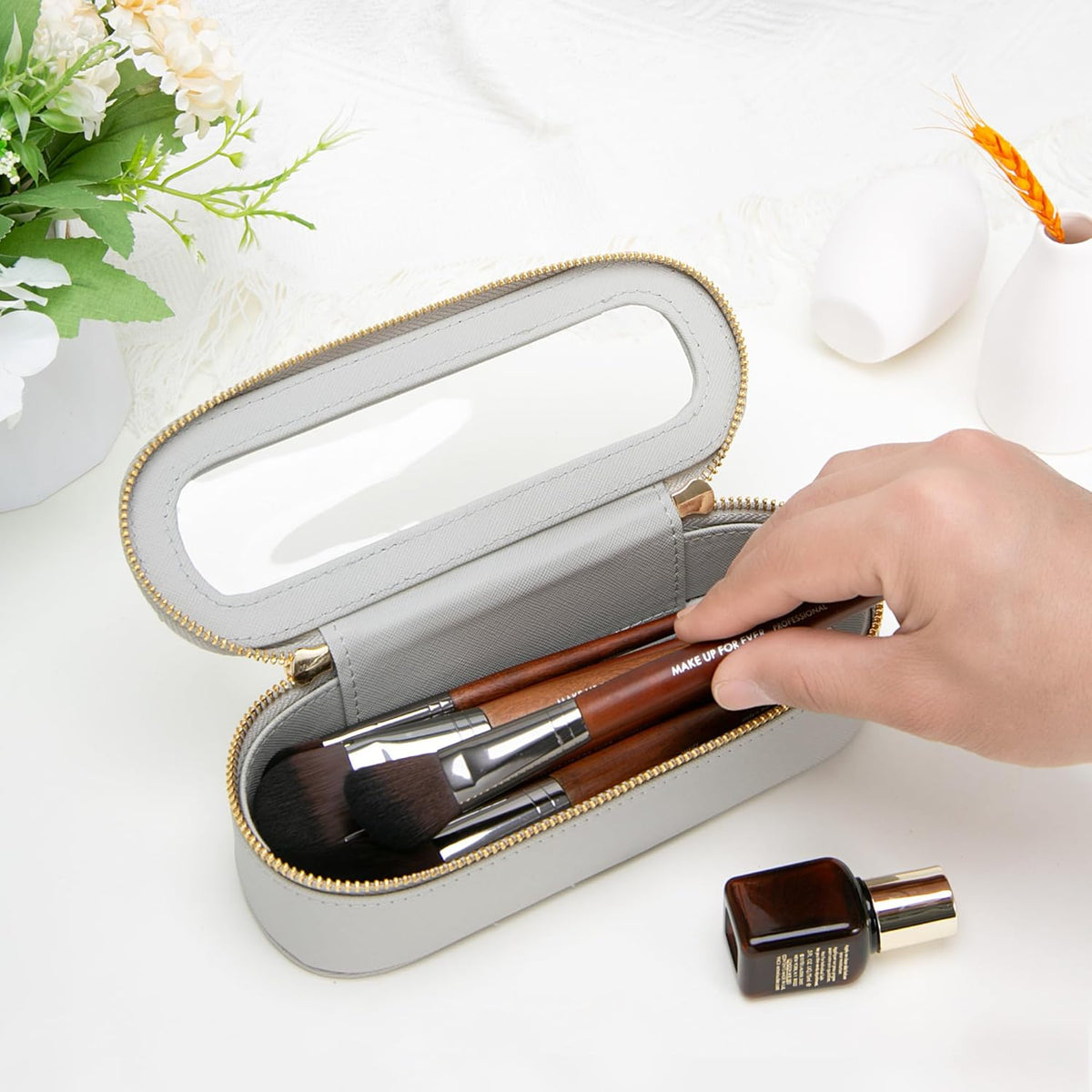 XL Clear Makeup Organizer,Double Layer Travel Cosmetic Case with Brush Holder & Zippered Compartments,Big Toiletry Bag for Travel Accessories,2 Layers Large,Black
