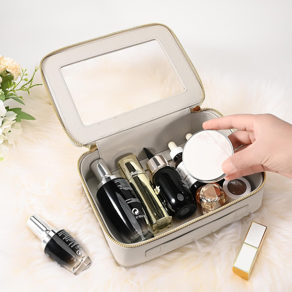 XL Clear Makeup Organizer,Double Layer Travel Cosmetic Case with Brush Holder & Zippered Compartments,Big Toiletry Bag for Travel Accessories,2 Layers Large,Black